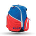 Red, white and blue premium versatile backpack with multiple compartments and padded shoulder straps.